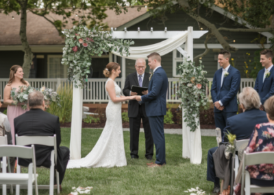 Enchanting backyard wedding decorations including string lights, floral arrangements, and unique seating setups for a magical outdoor celebration.