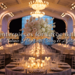 Tall centerpieces in a luxury ballroom wedding with high ceilings and elegant lighting.