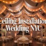 Ceiling installation wedding NYC with luxury draping and lighting design.